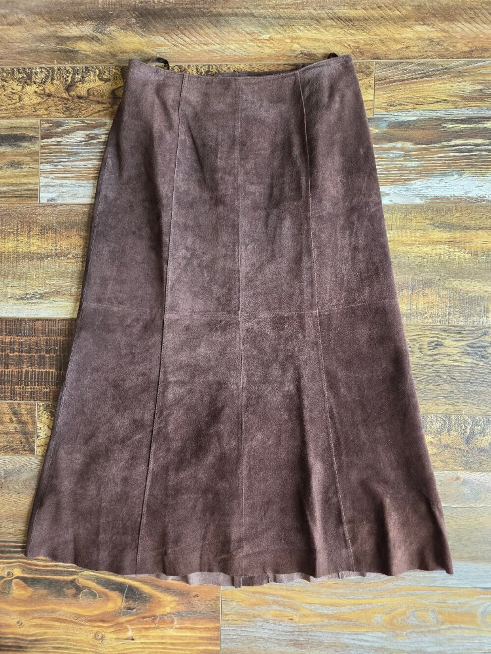 Vintage Y2K Chico's Brown Suede Panel Midi A-Line Skirt Lined Zip